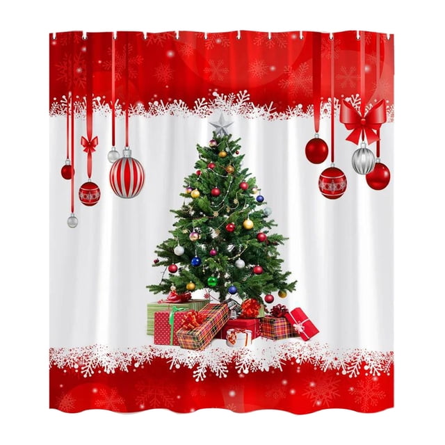 Red Red Christmas Shower Curtain With Holiday Tree And Ball Pattern Includes Hooks For Bathroom Decor