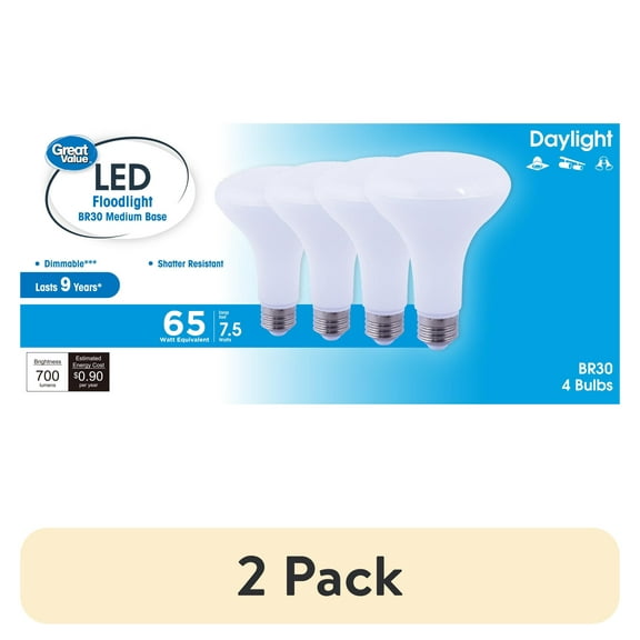 (2 pack) Great Value LED Floodlight Bulb, 8W(65W Equivalent) Daylight BR30 with E26 Base, Dimmable, 4PK