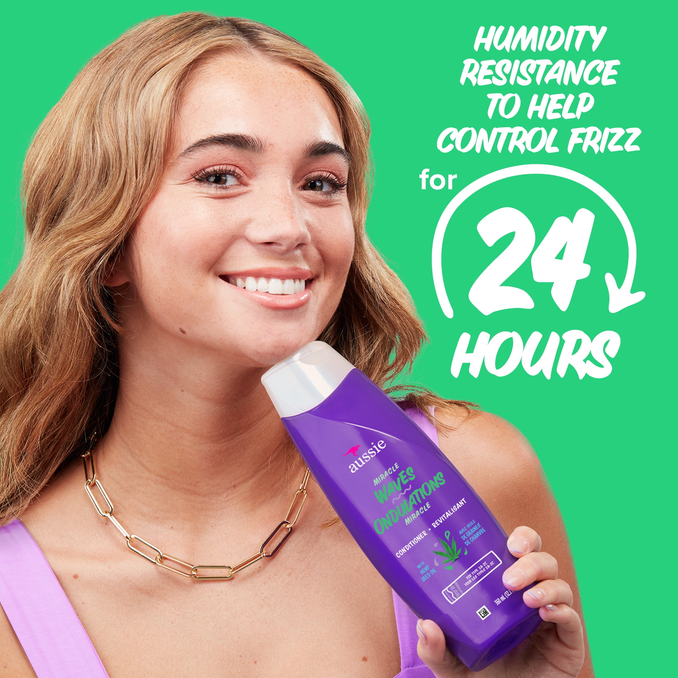 (2 pack) Aussie Miracle Waves Anti-Frizz Hemp Paraben-Free Conditioner, 12.1 fl oz