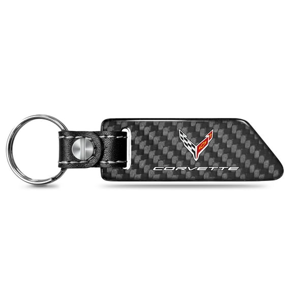 iPick Image for Chevrolet Corvette C8 Black Real Carbon Fiber Blade Style with Black Leather Strap Key Chain, Official Licensed