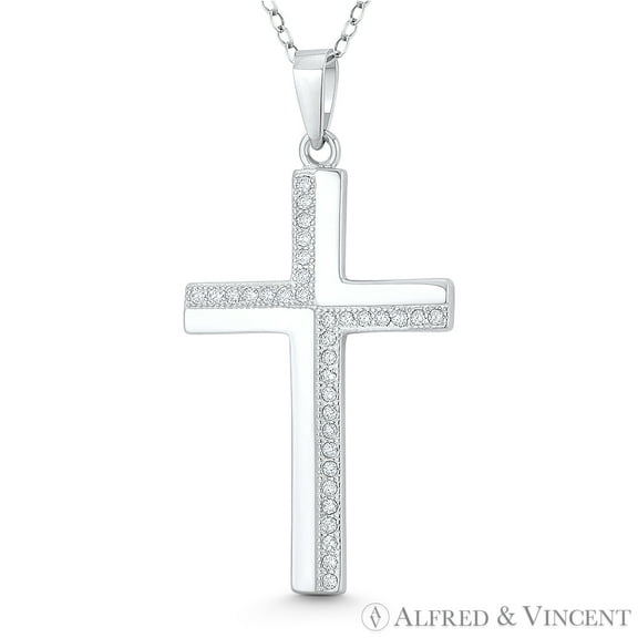 Latin Cross Cubic Zirconia CZ Crystal Pave 41x21mm (1.6x0.8in) Christian Pendant & Chain Necklace in .925 Sterling Silver w/ Rhodium