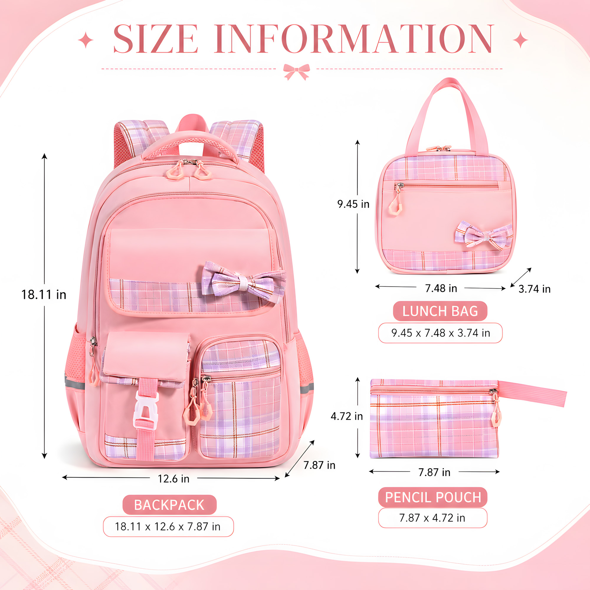 Set de Mochila Escolar de Soda Candy para Niñas, Moño Lindo, Impermeable, con Lonchera y Estuche, para Primaria y Secundaria, Negro, 3 piezas 2