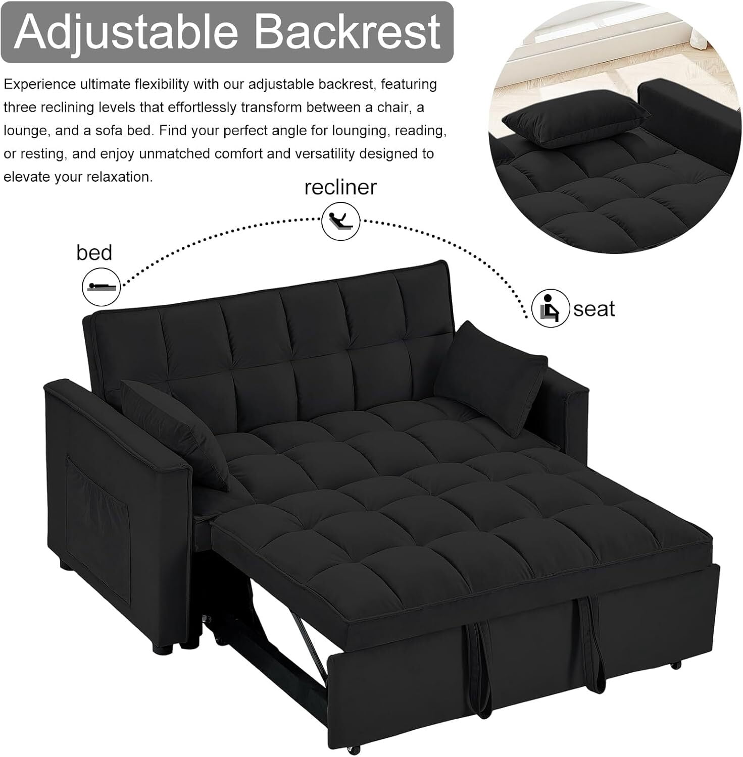 avobird 3 in 1 Convertible Sleeper Futon Sofa Bed, 55" Pull Out Sofa Bed with Storage Pocket/Side Pocket/2 Pillows for Living Room, Black