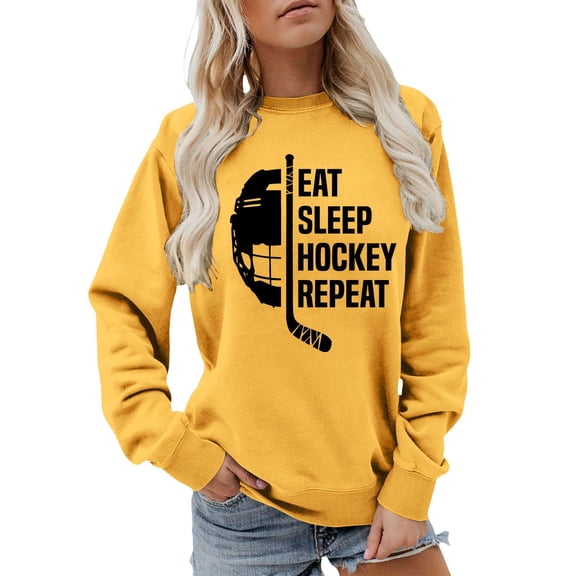 XIAOCHA Women's Crew Neck Sweatshirt Eat Sleep Hockey Graphic Layer Sports Fan Pullover Top, Yellow, Sizes XXXL