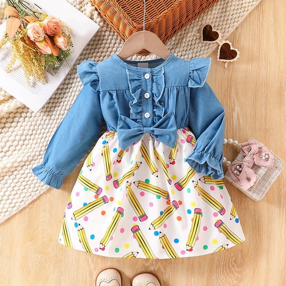 Dress for Girls Size 3-4Y Youth Denim Bow Detail Long Sleeve Back To School Pencil Dress Toddler Girl Dresses