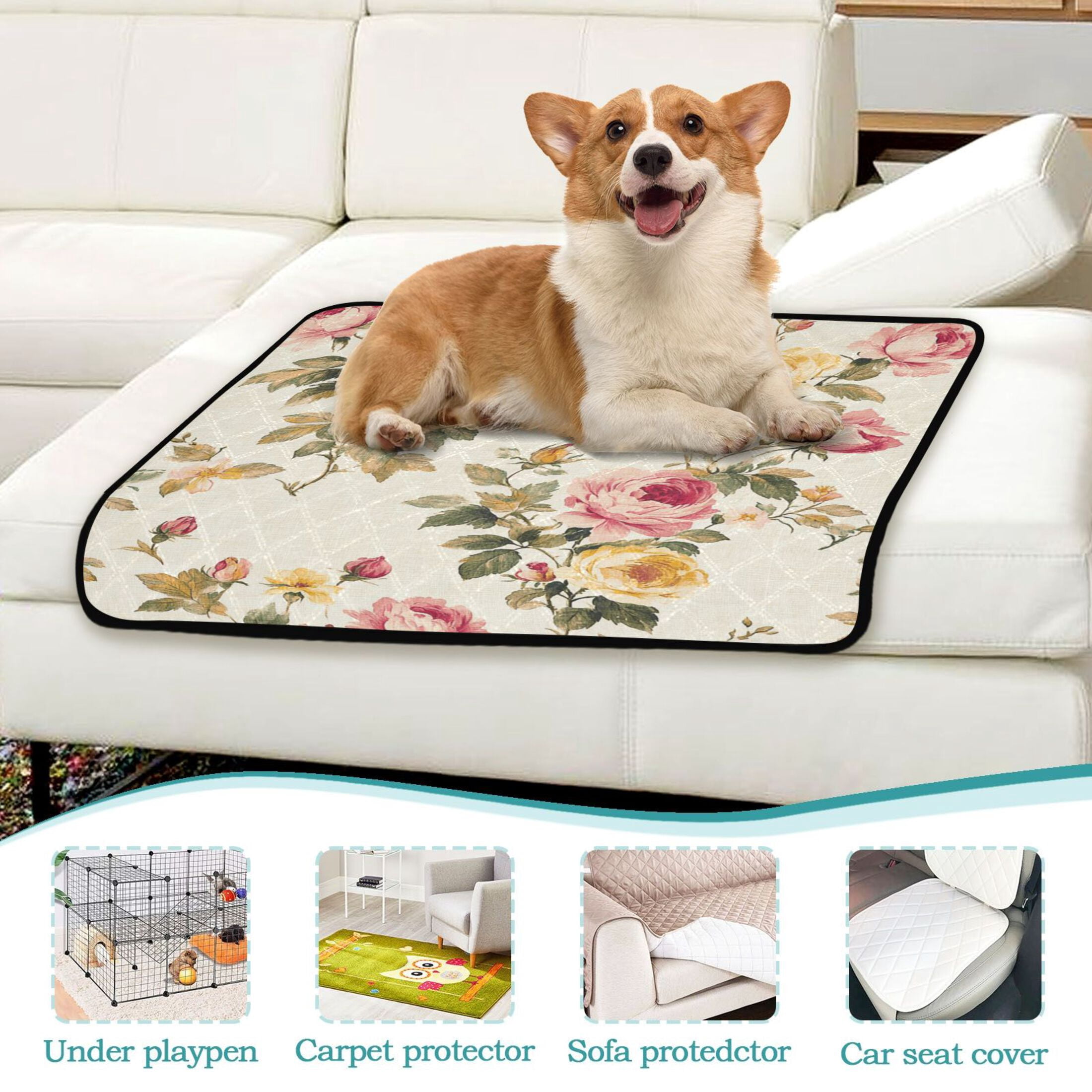 Qxltty Vintage Shabby Chic Floral Pattern with Roses Cat litter Pads Pet Set of 2 Diaper Mats Center Anti-leakage Layer Absorbent Soft and Comfortable