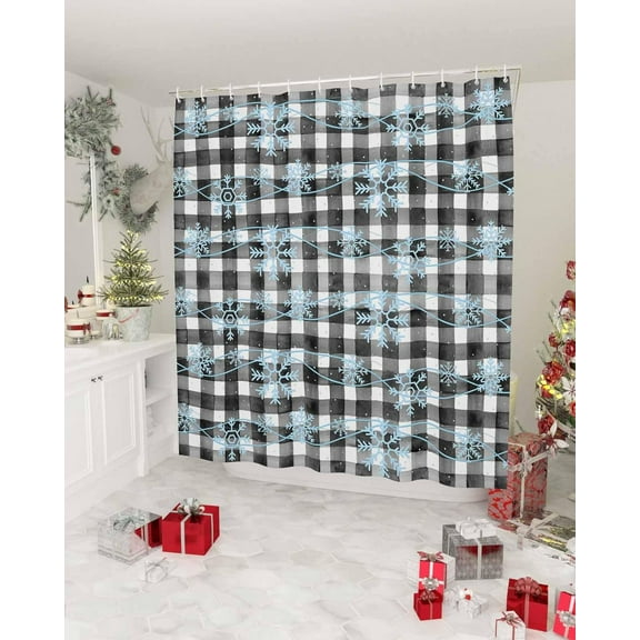 Christmas Shower Curtain Snowflake Black Plaid Shower Curtains for Bathroom Decor Snow Winter Christmas Decoration Bath Curtains Sets with Hooks Waterproof, 72x84 in