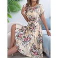 thumbnail image 4 of Women's Floral Elegant Pleated Midi Print Batwing Sleeve Tie Waist Dress for Daily Wear M, 4 of 10