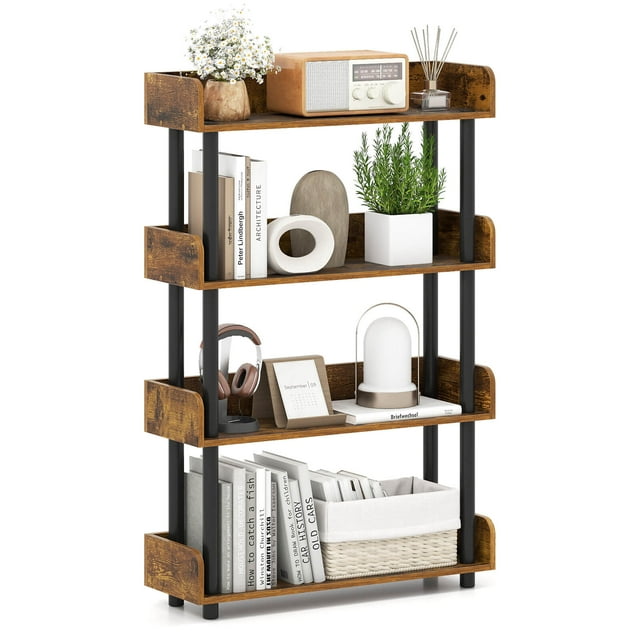 Costway 1 PCS 4-Tier Bookshelf with Anti-Tipping Kit Industrial Storage Unit for Living Room Rustic Brown