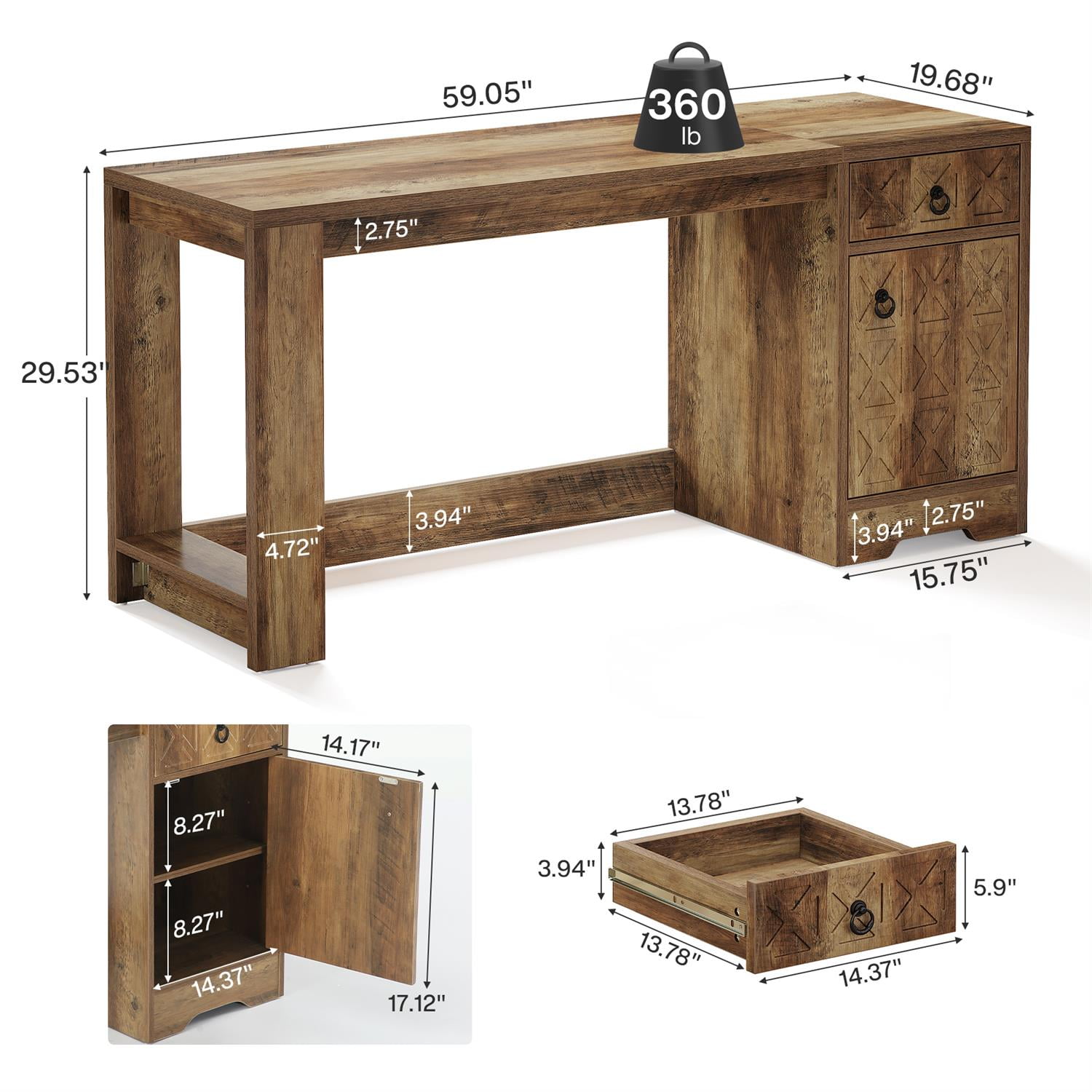 Demi Bonn 59" Handcrafted L-Shape Desk, Rustic Home Office Computer Station, Elegant Workspace Solution for Daily Work & Study, Brown