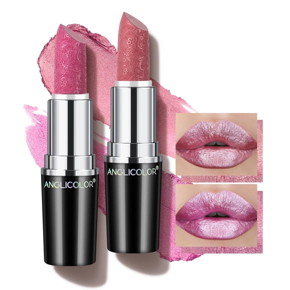 2pcs Glitter Shine Metallic Lipstick,Pink and Purple Pink Glitter Lipstick,Beautiful Sculpture, Velvet Smooth Highly Pigmented Shimmer Nude Gold Lipstick Vegan (#11#15)