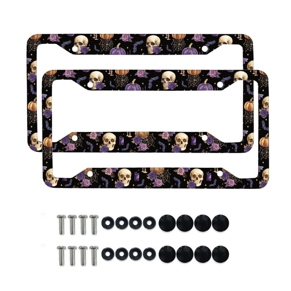 Renewold Aluminum License Plate Frame with Screws, Rust-Proof Automotive License Plate Frame Holder Halloween Auto Decor, 2 Pack, Skull Rose Spider Web Pumpkin Bat