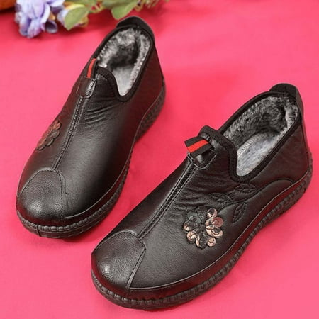 

Fitoron Winter Shoes for Women Plush Ankle Boots Flat Vintage Warm Snow Boots Mother s Day Christmas Gift- Black 5.5