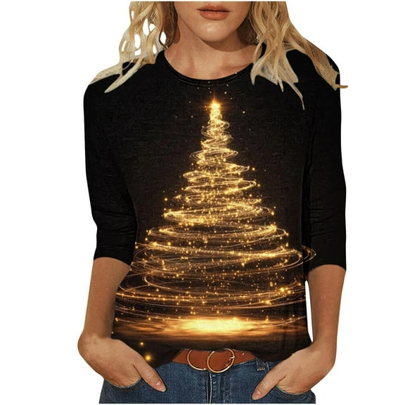 Christmas Plus Size Shirts for Women 3/4 Length Sleeve Holiday Tops Crew Neck Graphic Printed Festive Tees Outfits (M, Black)