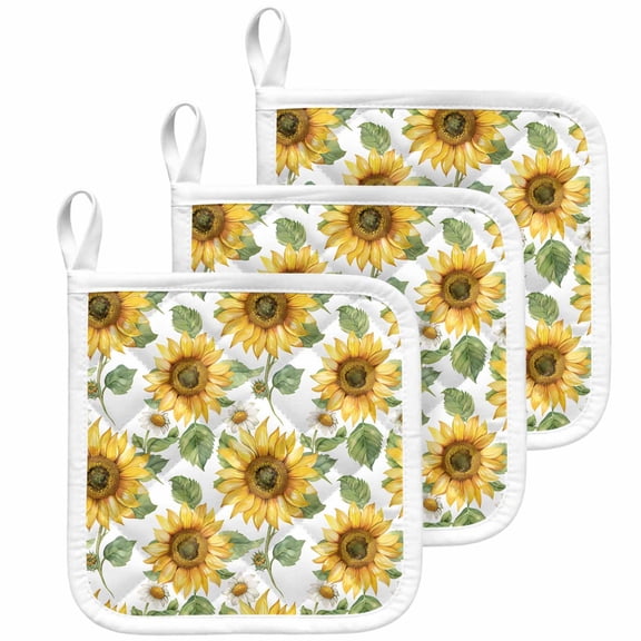 Sunflower Pot Holders for Kitchen Heatproof Potholder, 3 Pack Farmhouse Watercolor Botanical Summer Hot Pads Multipurpose Oven Pads Cloth Potholders Trivet for Cooking Baking