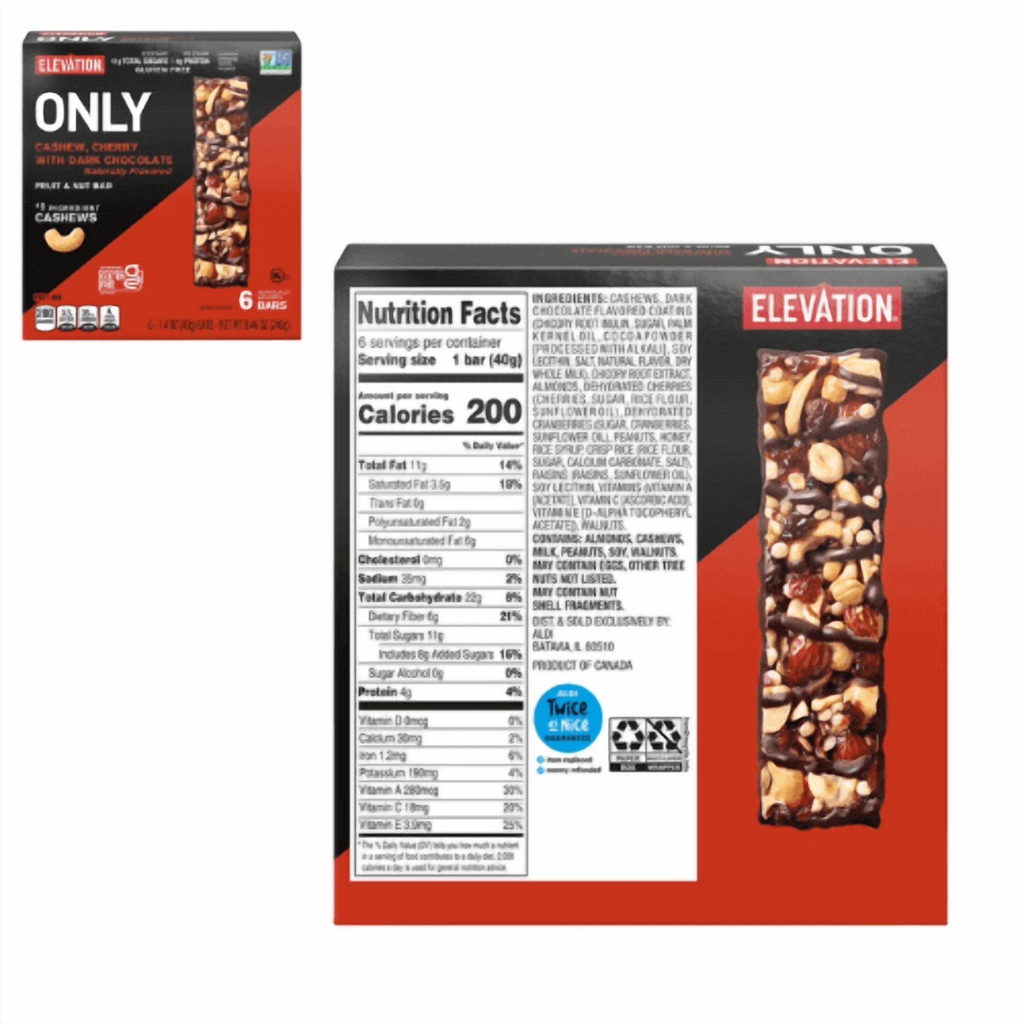 Elevation Dark Chocolate Cherry Cashew Fruit and Nut Bar, 8.4 oz Pack 2