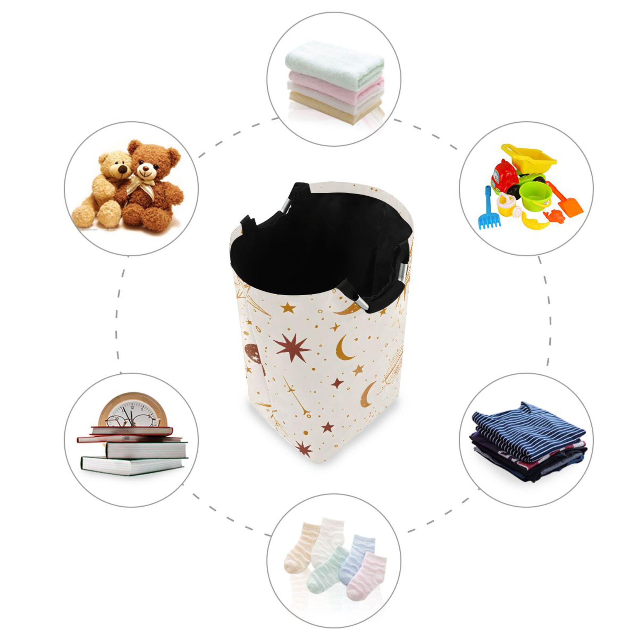 Moon Sun Stars and Planets Laundry Basket with Handles Foldable Laundry Hamper Freestanding Washing Bin 50L