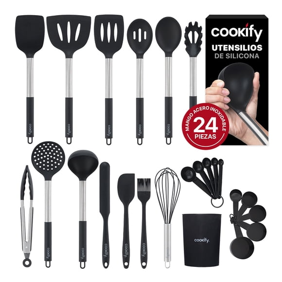Juego de Utensilios de Cocina Silicona y Acero Inoxidable, 24 pzas (Negro/Plateado)
