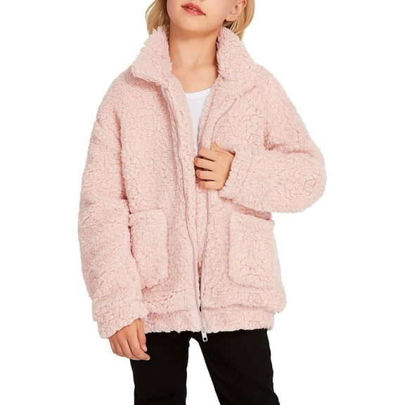 Oudiya Girls Full Zip Fleece Jacket Sherpa Outwear Coat Fall Winter for 4-12Y