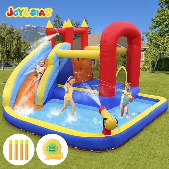 6 IN 1 Inflatable Water Slide Bouncer House Fun Playground with Splash Pool,Trampoline,Climbing Wall,Basketball Hoop,Water Guns,Air Blower,Backyard Garden Play Indoor/Outdoor