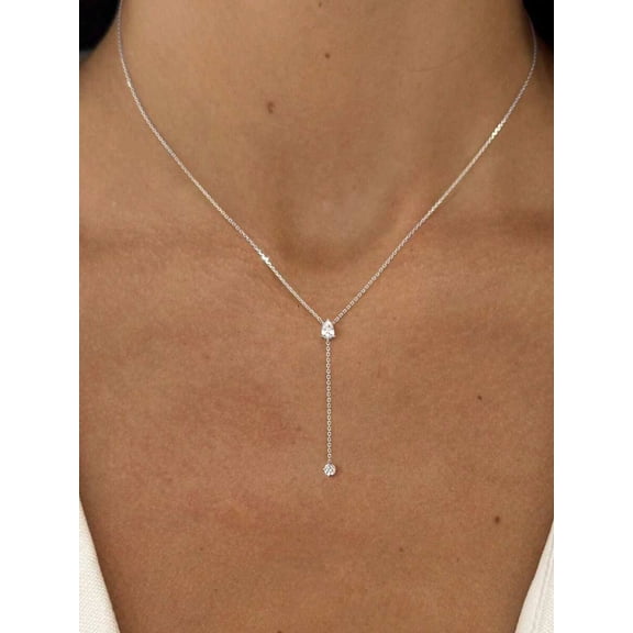 Silver Y-Necklace With Teardrop And Round Cubic Zirconia Stones