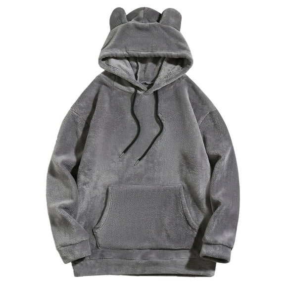 XIAOCHA Cat Ear Coral Hoodies For Men Fall Winter Fleece Loose Pullover Hoodie Kangaroo Pocket Cute Hooded Top