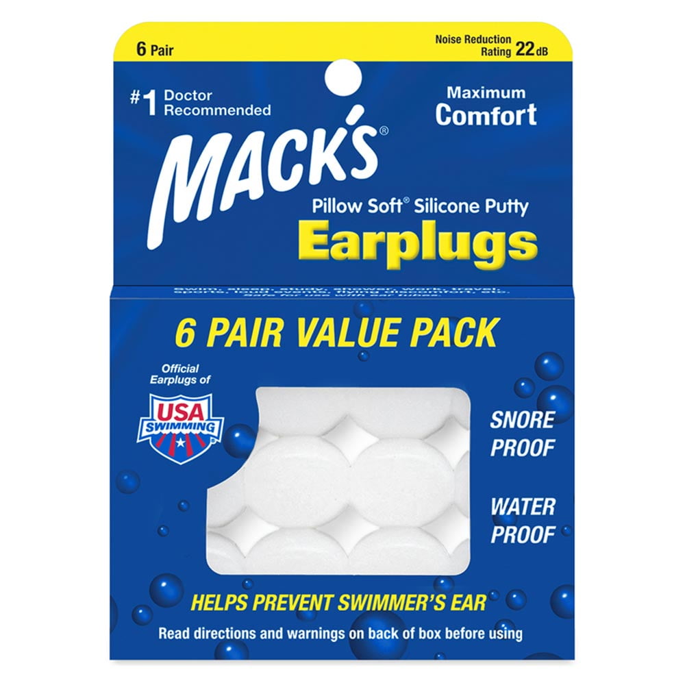 Mack's Pillow Soft Silicone Earplugs - 6 Pair, Value Pack  The Original Moldable Silicone Putty Ear Plugs for Sleeping, Snoring, Swimming, Travel, Concerts and Studying