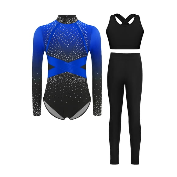 Runhomal Girls Long Sleeve Gymnastics Leotard with Tank Top Leggings Shiny Rhinestones Figure Skating Unitard Blue 6