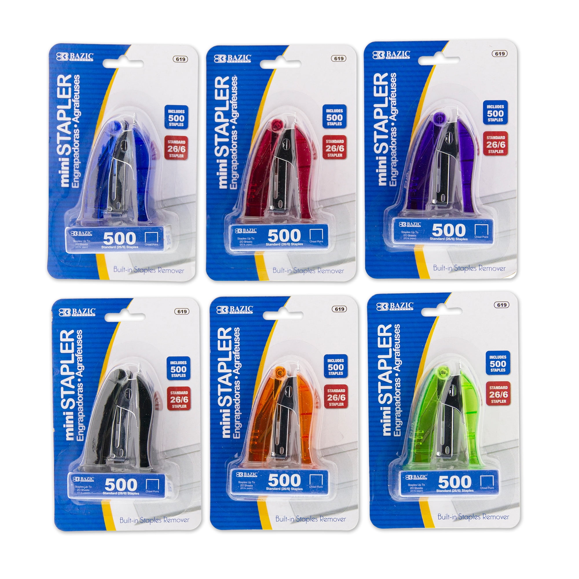 BAZIC Mini Stand-Up Stapler w/500 Staples, Standard (26/6), 6-Pack ...
