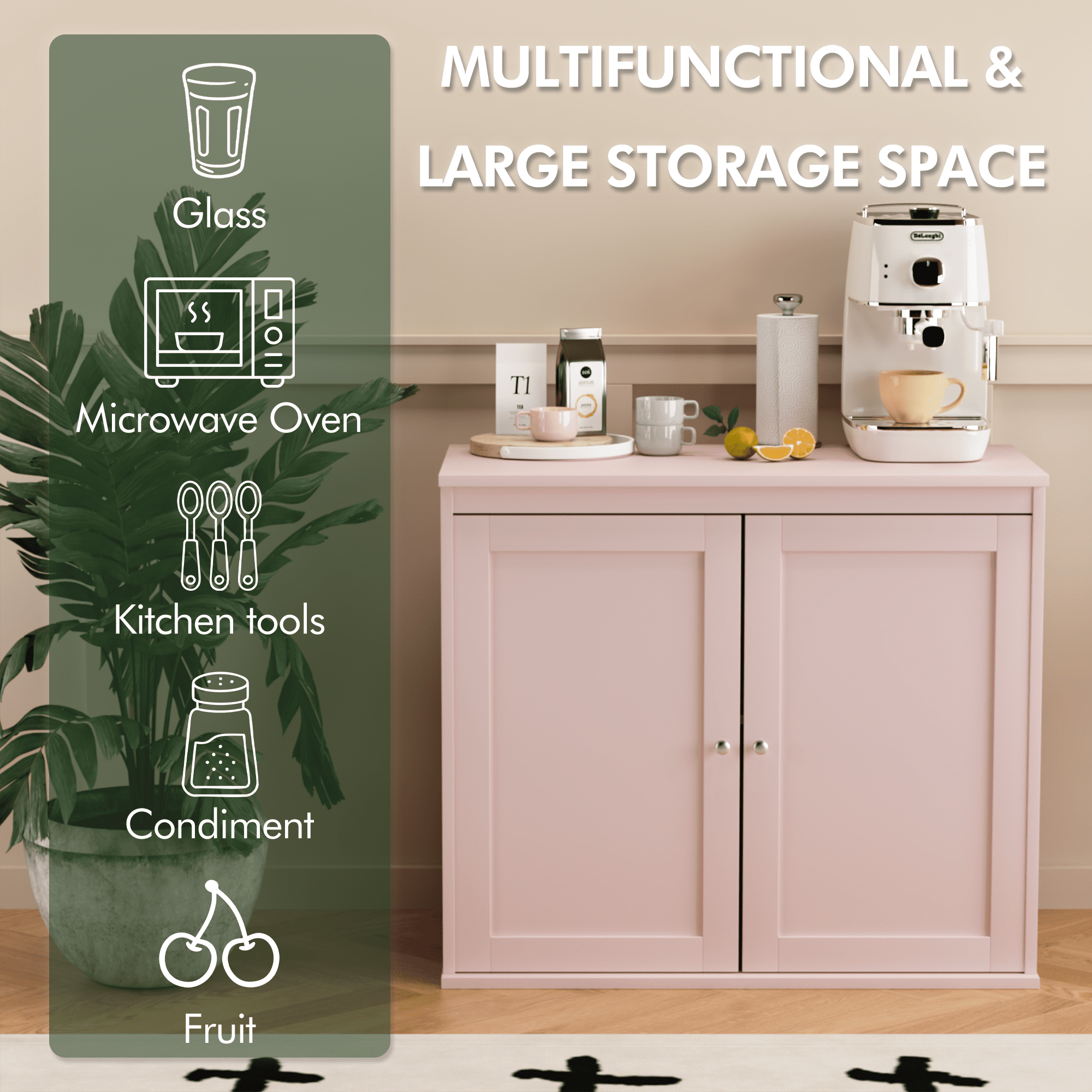 Leumius Coffee Bar,Kitchen Storage Cabinet with Double Doors,29" Kitchen Storage Cabinet with Double Doors,Pink