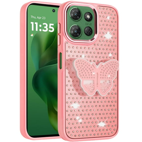 Case for Motorola Moto G Power 5G 2025 Butterfly Moveable Grip 3D Pop Stand Full Diamond Bling Sparkling TPU Fashion Hybrid, XPM Phone Cover fit Moto G Power 5G (2025) [Pink]