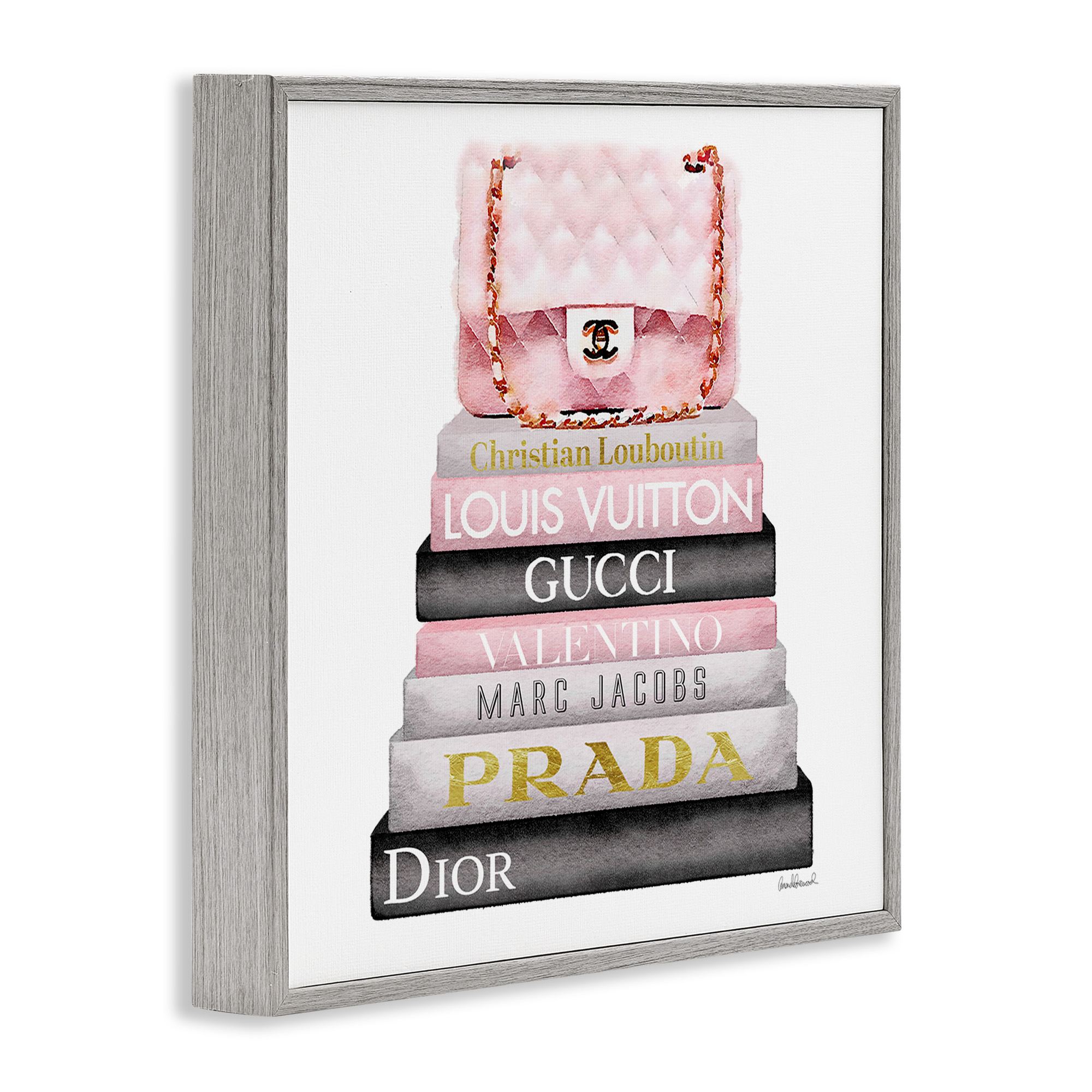 Watercolor High Fashion Bookstack Padded Pink Bag Beauty & Fashion Framed Art Print Wall Art, 17x17