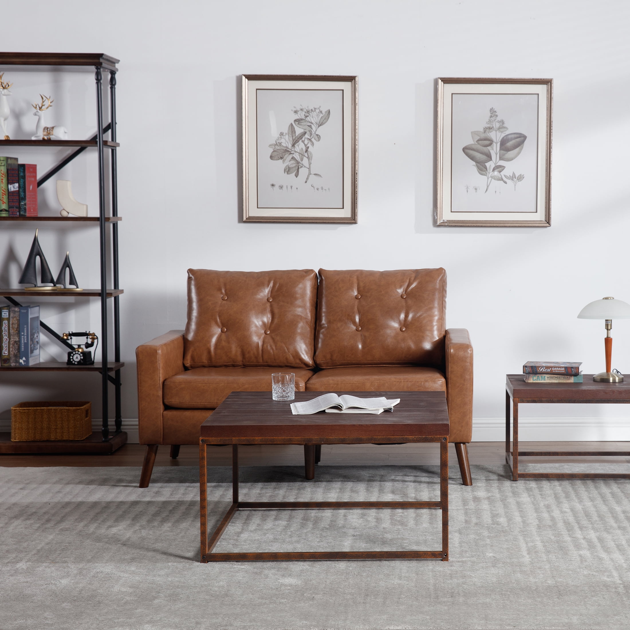 Guyou Modern 53” Loveseat Sofa, Comfy Upholstered Button Tufted Faux Leather 2 Seater Small Sofa Couch, Lounge Sleeper Love Seats for Small Spaces Living Room Apartment Bedroom, Brown