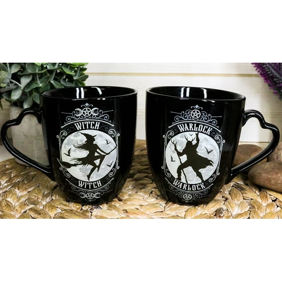 Set Of 2 Wicca Triple Moon Goddess Witch And Pentagram Warlock Porcelain Mugs