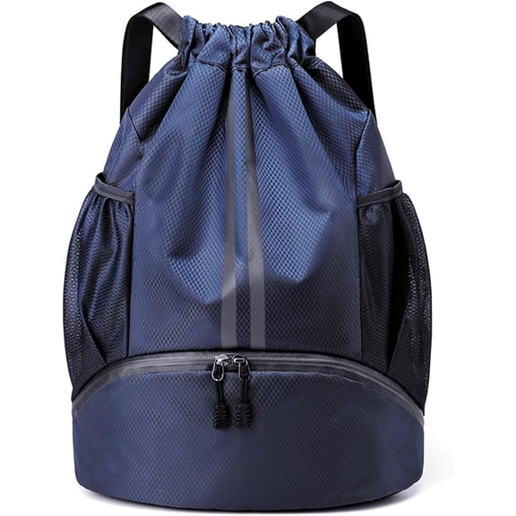Drawstring Backpack with Shoe Compartment – Navy Blue, Water-Resistant, Unisex for Gym, Beach, Travel