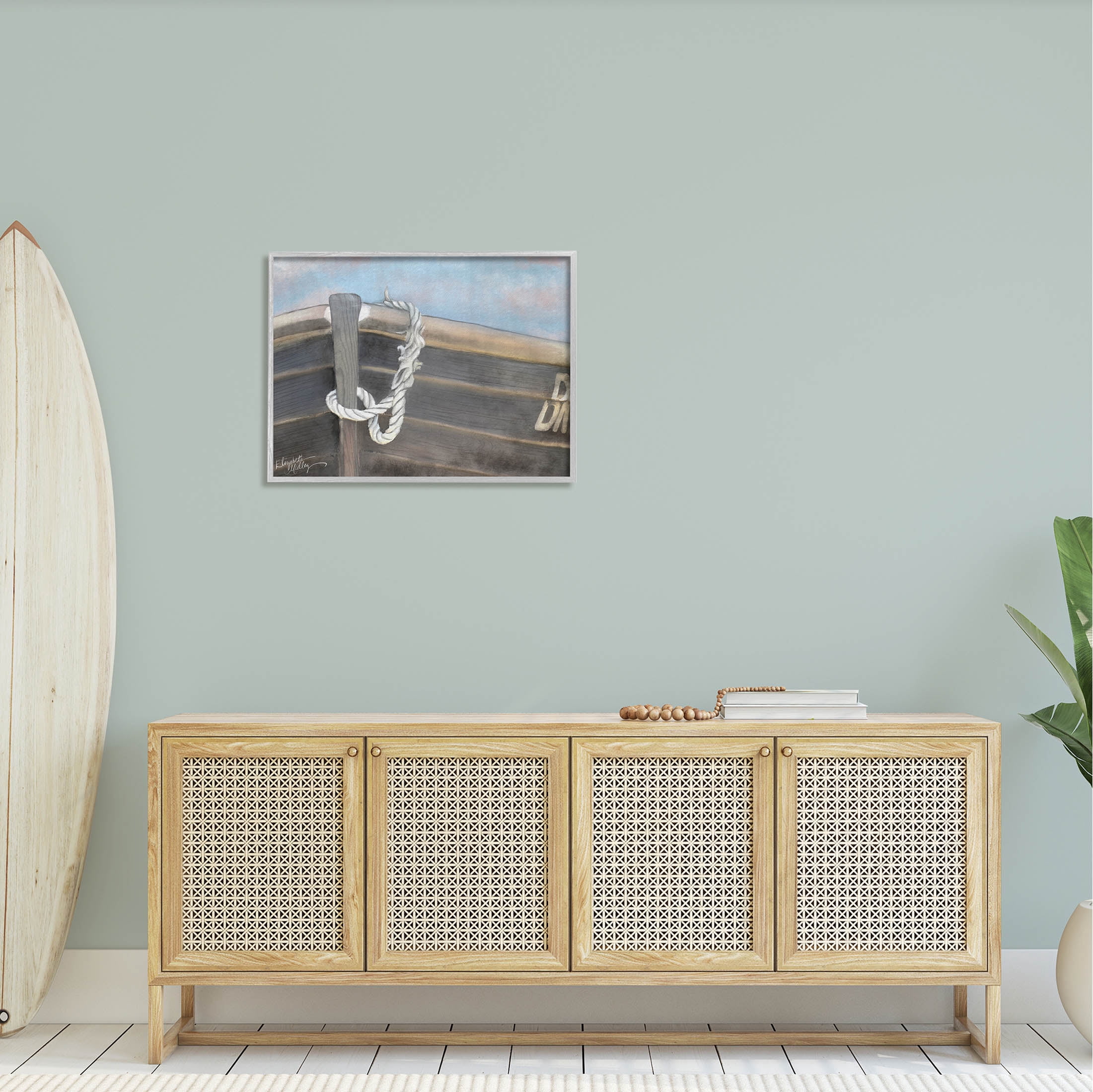 Stupell Industries Peaceful Nautical Boat Painting Gray Framed Art Print Wall Art, Design by Elizabeth Medley