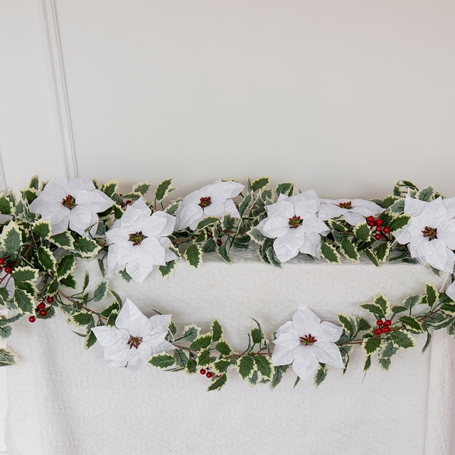 Guirnalda de Poinsettia 66.9in Enredadera de Flor de Navidad Artificial | Colgante de pared para vacaciones, rojo y blanco, plástico realista, vid decorativa flexible y a prueba de sol para repisa,