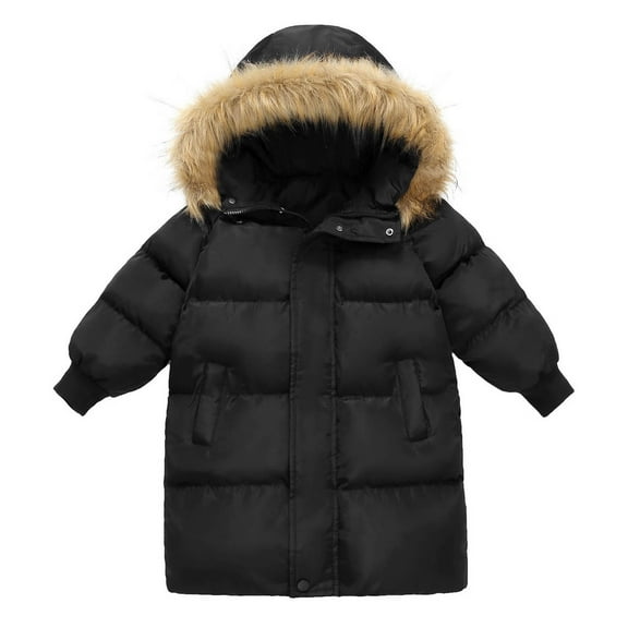 IVEYRTF Kids Fashion Winter Jacket Medium Length Tops Solid Color Hooded Coat Warm Thick Outerwear for Children Boys Girls Casual Sports(Black,10-11 Years)