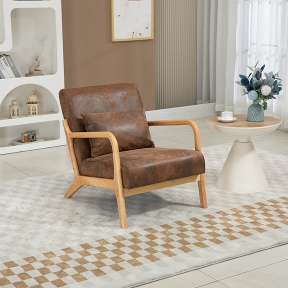 Dtwnek Modern Accent Chair with Wood Frame and Waist Cushion, Upholstered Fabric Armchair for Bedroom, Living Room, Office, Brown