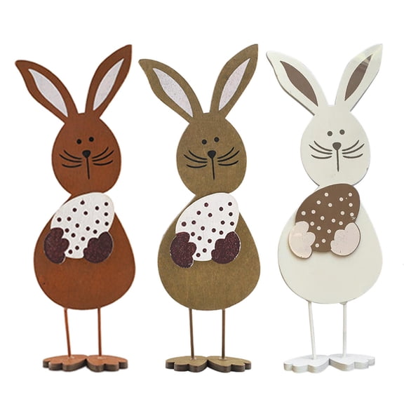 HILOGEL Easter Wooden Ornament 3Pcs Cute Bunny Egg Desktop Wood Crafts Decor for Home Festival Party Dining Table Decoration