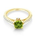 thumbnail image 2 of Gem Stone King 18K Yellow Gold Plated Silver Green Peridot and White Created Sapphire Engagement Ring for Women (1.12 Cttw, Cushion 6MM, Gemstone August Birthstone, Available in Size 5, 6, 7, 8, 9), 2 of 5