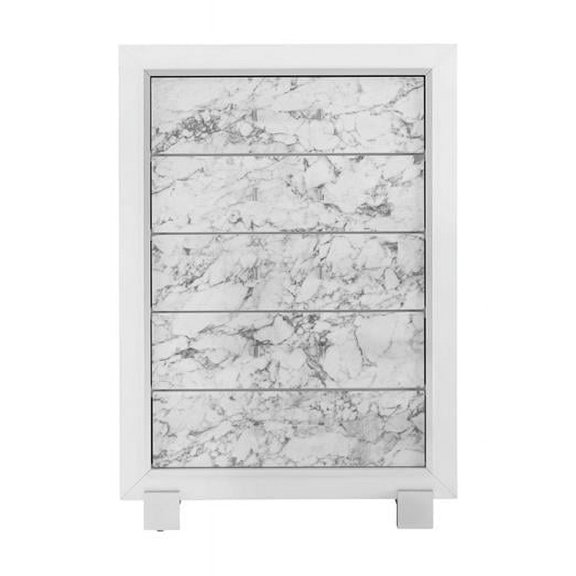 Modern Chest with 5 Faux Marble Detailed Front Drawer, White