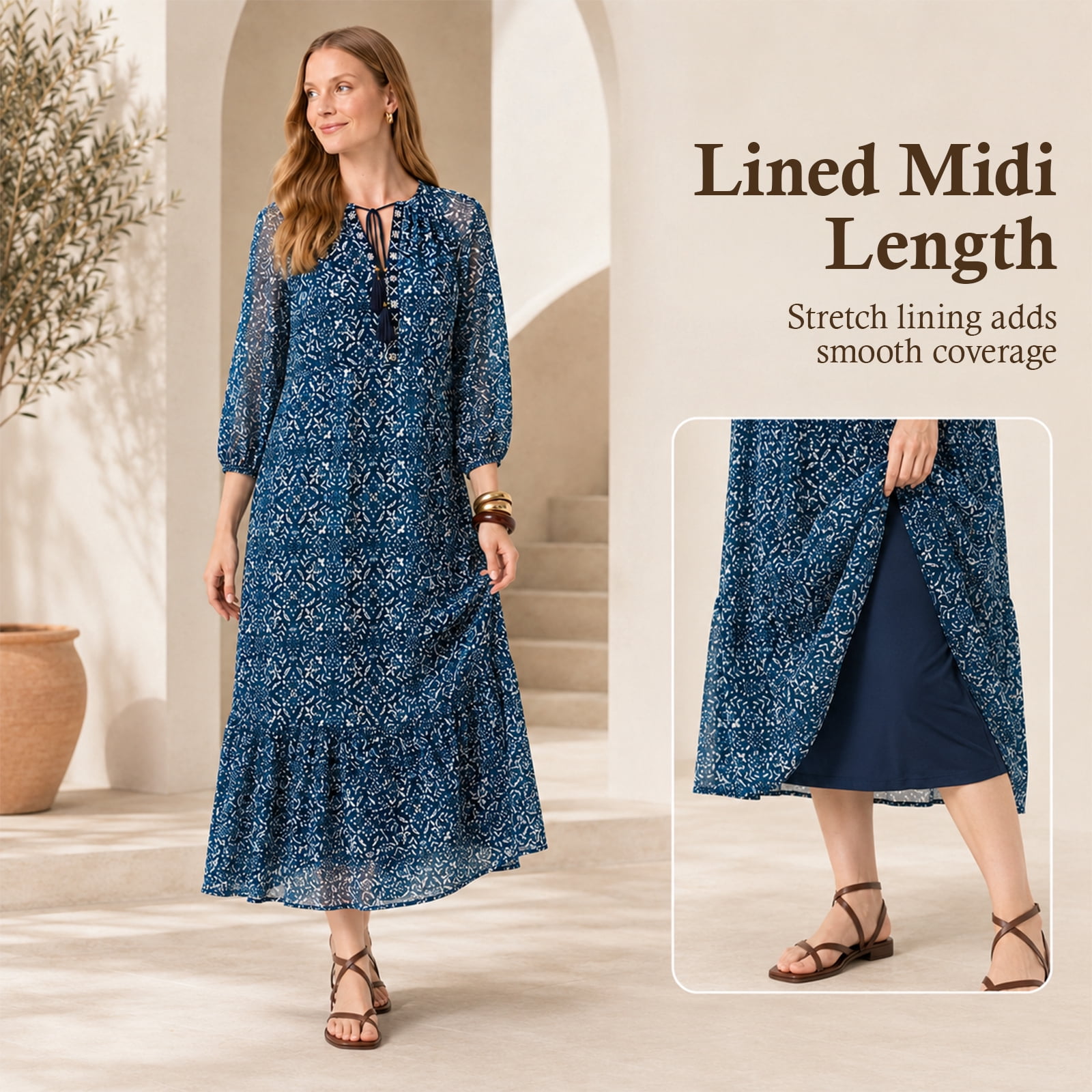 Alvantor Women's Printed Midi Dress, Tie Neck 3/4 Sleeve Tiered Style, Navy Multi