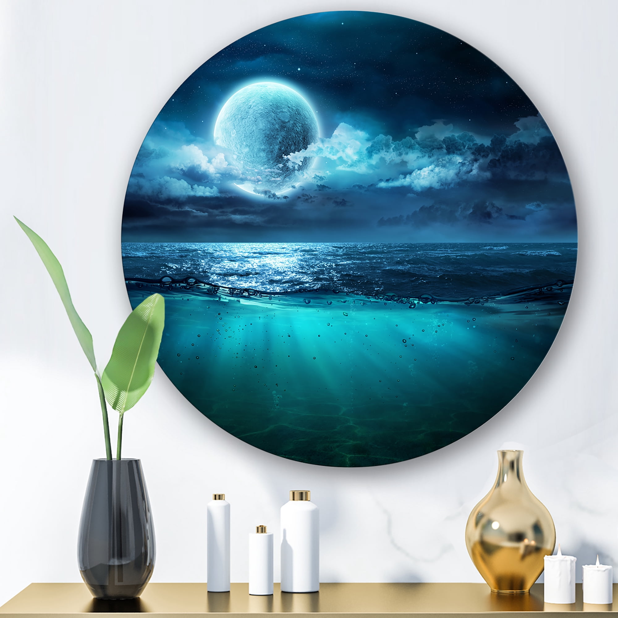 Designart 'Romantic Moon and Clouds Over Deep Blue Sea II' Nautical & Coastal Circle Metal Wall Art 23x23 - Disc of 23