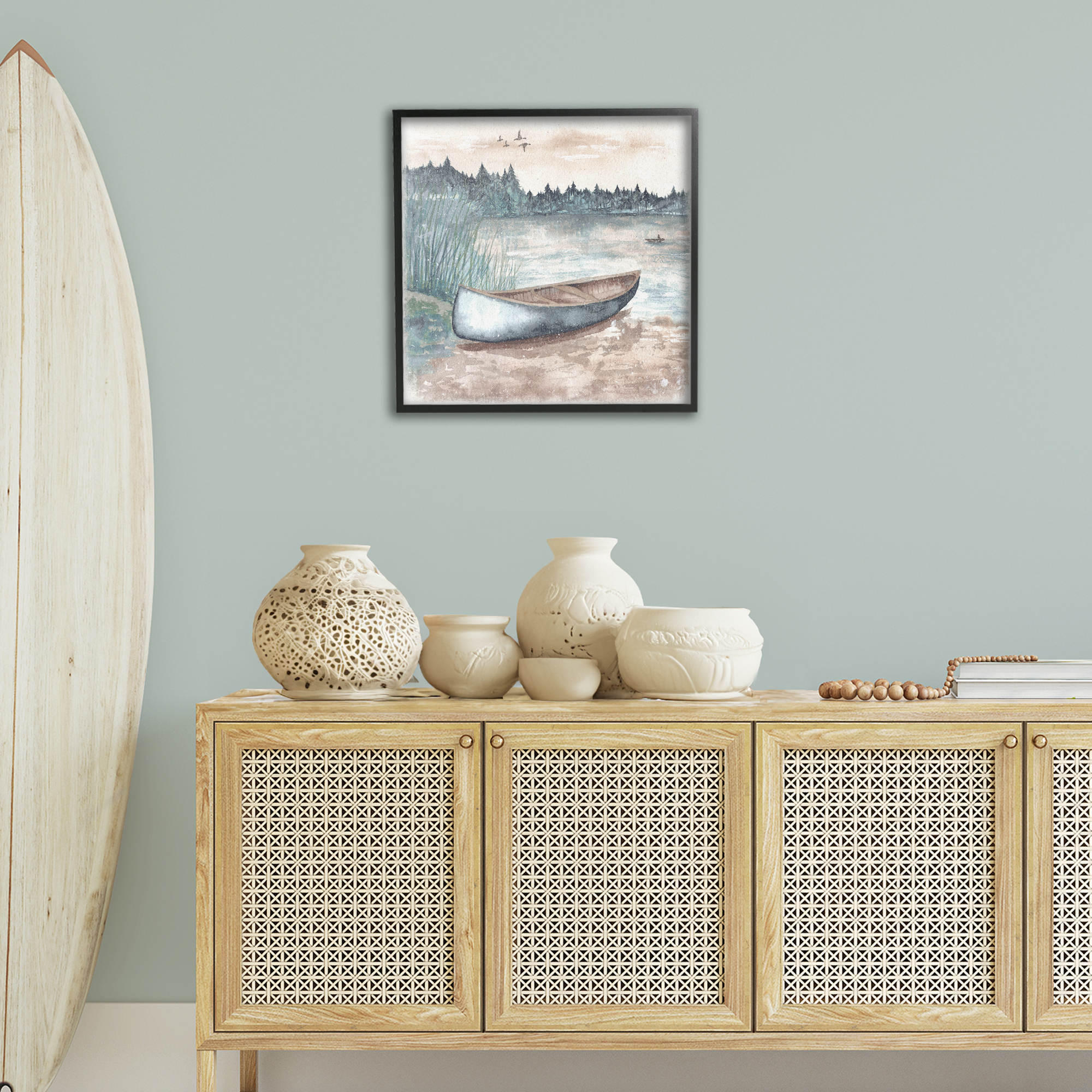 Stupell Industries Canoe on Lake Shore Landscape Painting Black Framed Art Print Wall Art, 24 x 24