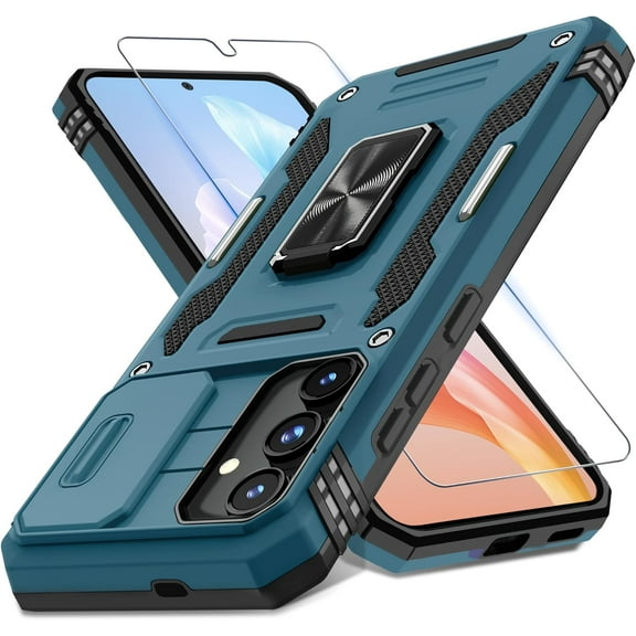 for Samsung Galaxy S24 Plus Case with Slide Camera Cover Screen Protector (1 Pack), Rotated Ring Kickstand Military Grade Shockproof Protective Cover-Light Blue