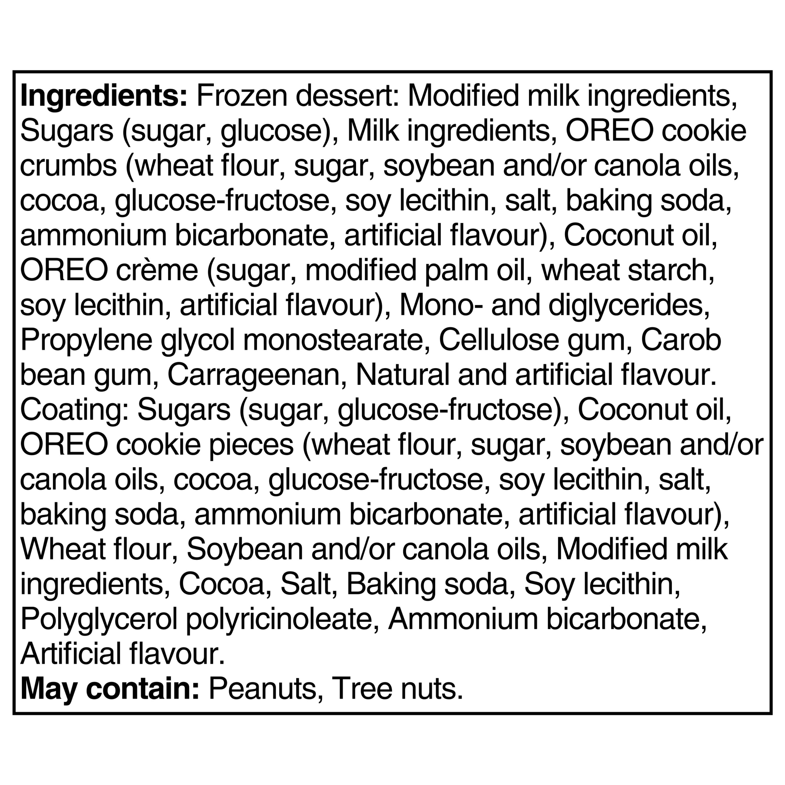 Frozen Dessert Bars, Vanilla Frozen Dessert Mixed With OREO Cookie Pieces In A Chocolatey Coating With Crushed OREO Cookie Pieces, Made in Canada, No Artificial Colours