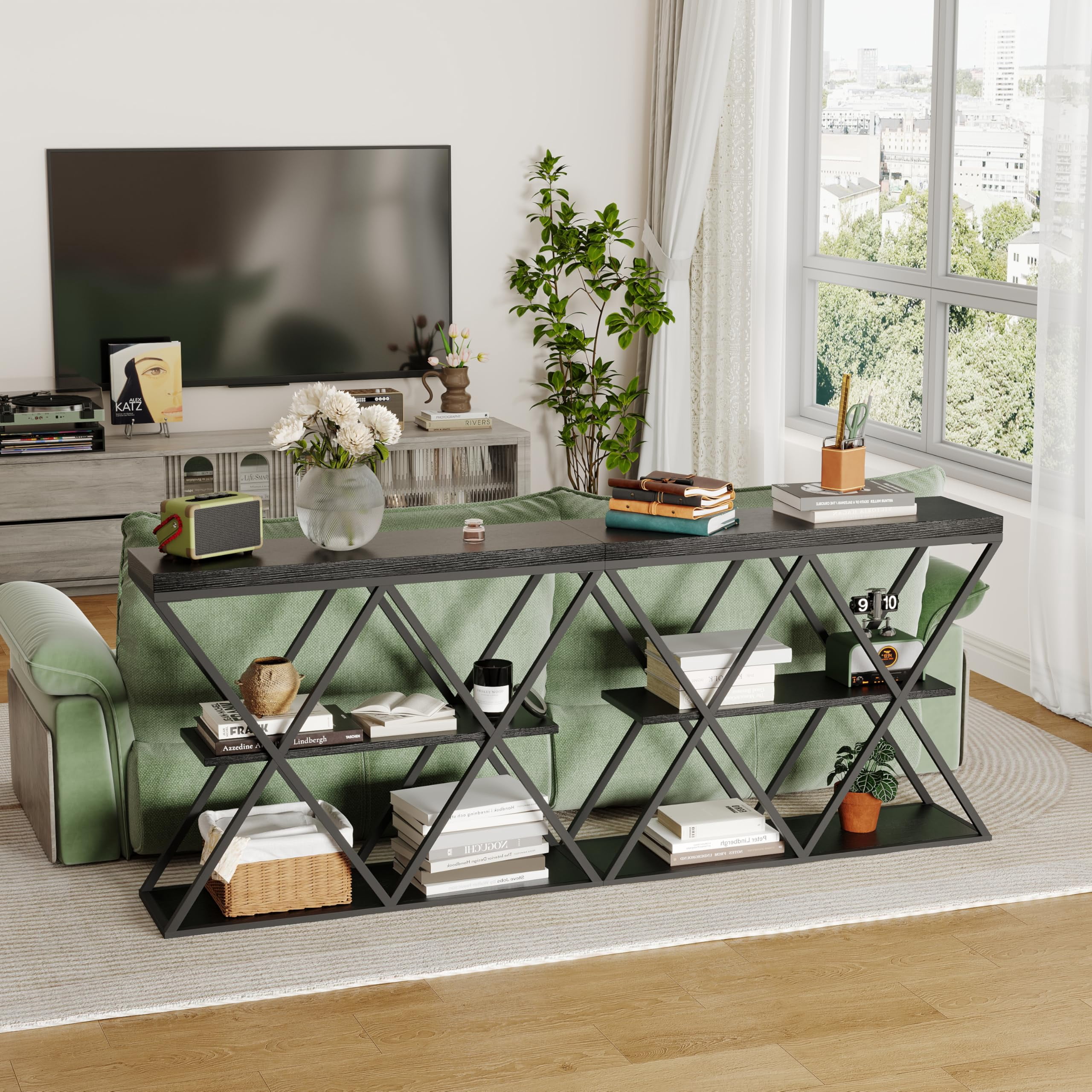 3-Tier Industrial Entryway Console Table - X-Shaped Metal Frame & Open Storage Shelves, Ideal Hallway Accent Table