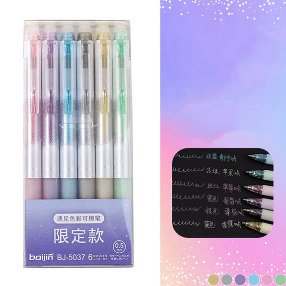 6 Pcs Erasable Colored Pens Cute Colored Glitter Pens Retractable Colored Pens 0.5mm Point Gel Ink Pen