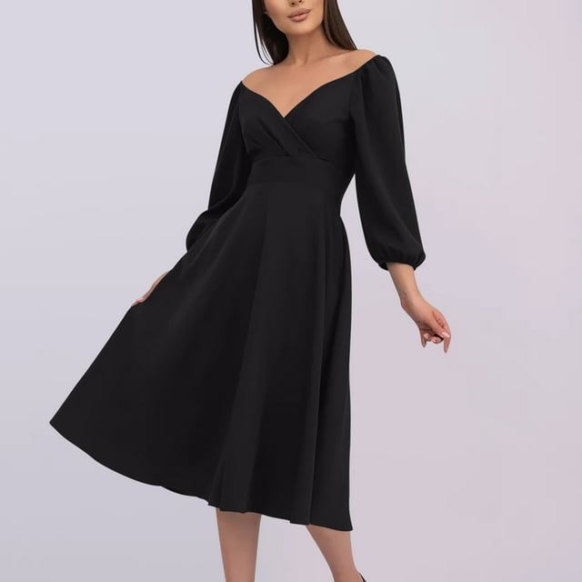 50 % de Réduction! Robes de Soirée pour Femmes 2024, Robe de Soirée à la Mode Col en V Taille Froncée Poche Manches Longues Noire G